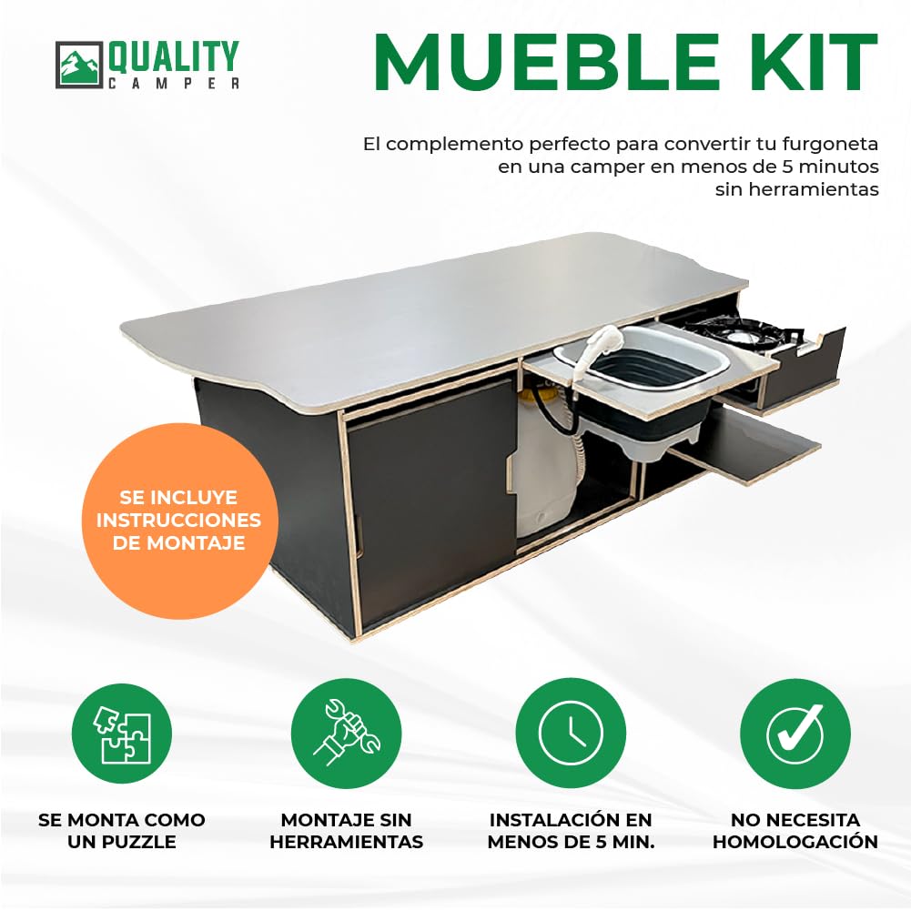 Mueble Kit Camper para Furgonetas VW T5, T6, T6,1 Multivan y California sin mueble lateral, con Accesorios y Colchón incluidos