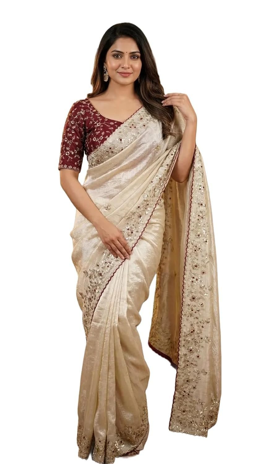 yashika Women's Satin white Saree with Blouse Piece for Traditional Ethnic Wear Sari-(AZ-YS-OG1-CHASHNI WHITE)-picture-1