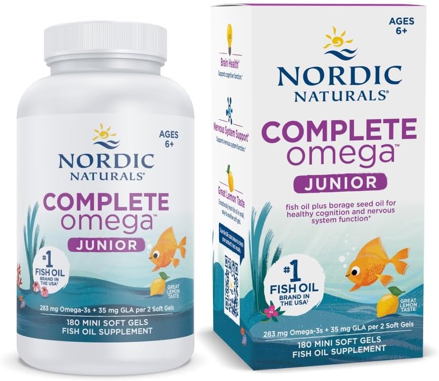 Nordic Naturals Complete Omega Jr., Lemon - 180 Mini Soft Gels - 283 mg Total Omega-3s &amp; 35 mg GLA - Healthy Cognition, Nervous System Function - Non-GMO - 90 Servings