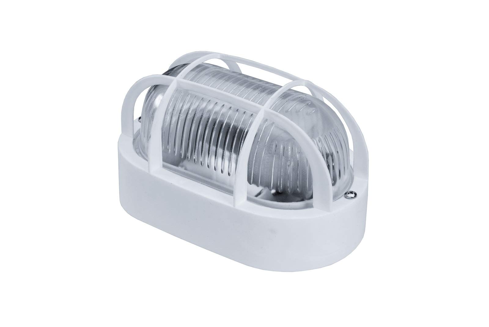 Oval 60 Style, ES / E27, White Bulkhead Light Lamp, IP54, Plastic cage, Glass Cover, OVAL-60-E27-WTGSP