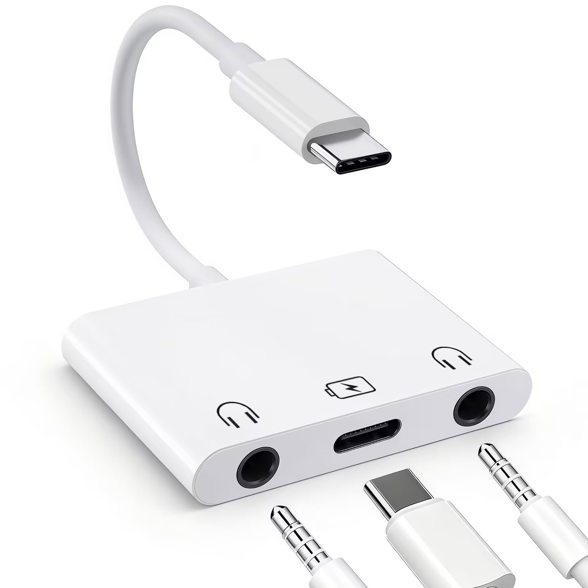 Adapter słuchawkowy USB C na podwójny 3,5 mm, adapter audio 3 w 1 USB C na 3,5 mm z szybkim ładowaniem PD 60 W, podwójny rozdzielacz słuchawek Aux na USB C, do iPhone'a 17/16/15, iPada Pro, Galaxy S26