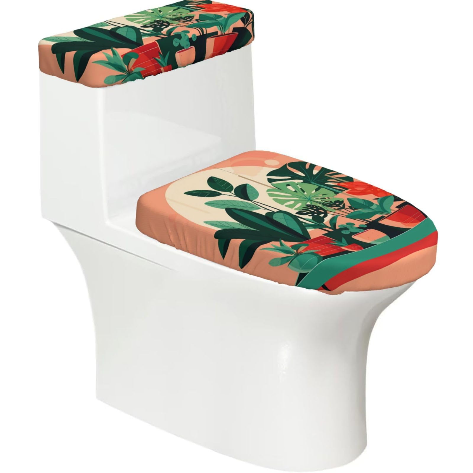 Mrowyc Black Indoor Potted Green Plants Printed Toilet Seat Set - Set Of 2 - Universal Toilet Seat Cover - Housewarming Birthday Christmas Gift