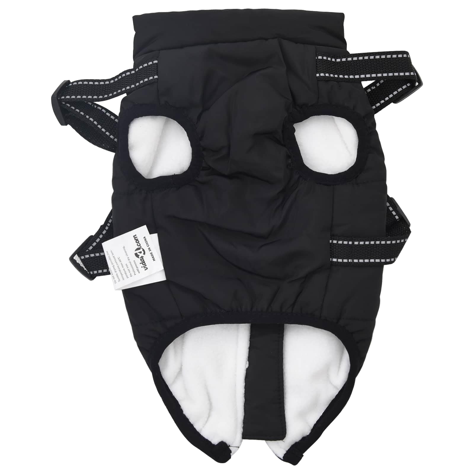 Cappotto per cani nero L28 in pile e poliestere con design riflettente, imbracatura regolabile e doppi anelli a D per protezione dal freddo e dal vento durante le passeggiate all'aperto in