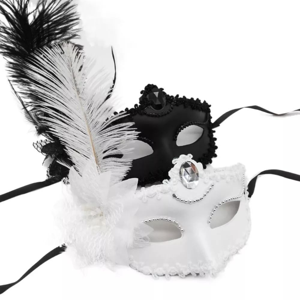 PartyToko 2 Pieces Womens Black and White Masquerade Mask with Feather, Halloween feather Masquerade Eye mask costume mask Halloween Carnival cosplay party eyemask - Pack Of 2pcs (B0DGGT552V) Amazon Price History, Amazon Price Tracker