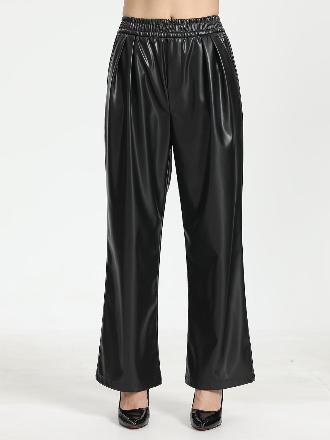 Women High-Waist Fleece-Lined Wide Leg PU Leather Pants with Pockets Thermal Casual Sportswear for Fall/Winter