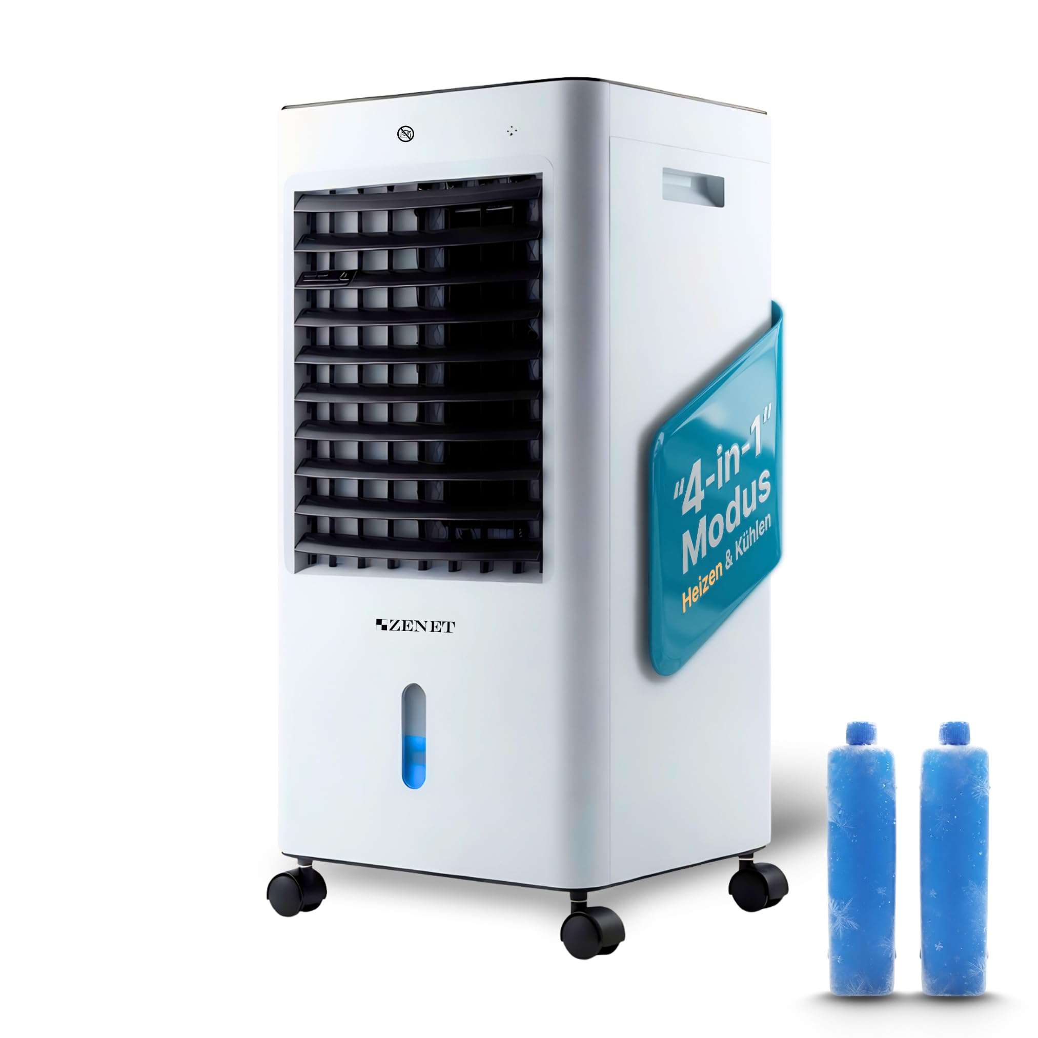 ZENET Mobile Klimaanlage 4-in-1, Luftkühler & Heizgerät (6L, 450 m³/h) | Raumkühler mit Luftbefeuchter, Luftreiniger, Fernbedienung, Timer & Eisfach, für Zimmer, Zuhause & Büro, ohne Abluftschlauch