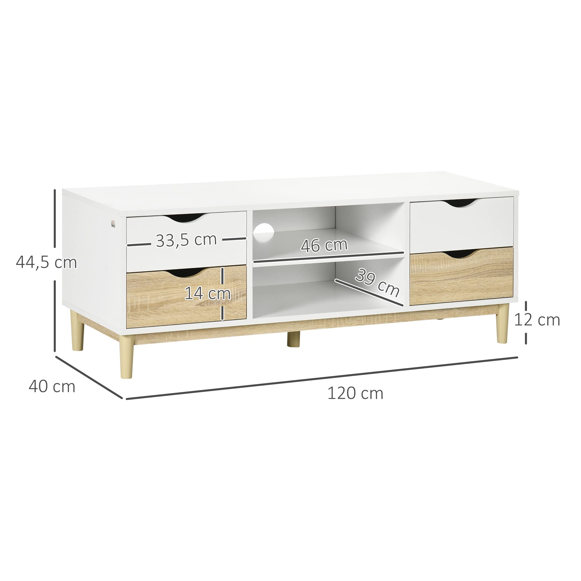 HOMCOM Mueble TV de Salón 4 Cajones 120x40x44,5 cm Blanco y Roble | Mesa para TV, para Televisores de hasta 55", con Estantes de Almacenamiento, para Dormitorio