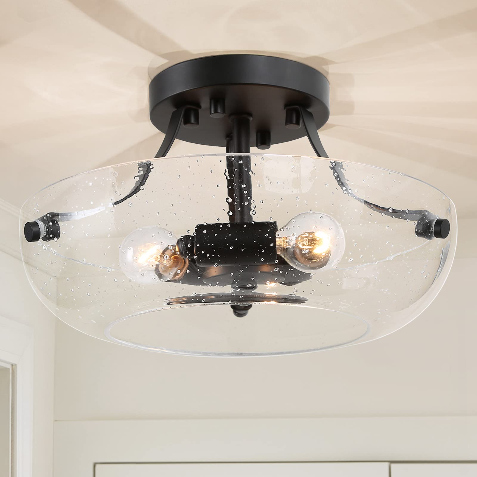 Photo 1 of Semi Flush Mount Ceiling Light, 3-Light Black Flush Ceiling Light with Seeded Glass Shade for Bedroom, Hallway, Kitchen, Dining & Living Room, Foyer and Bathroom