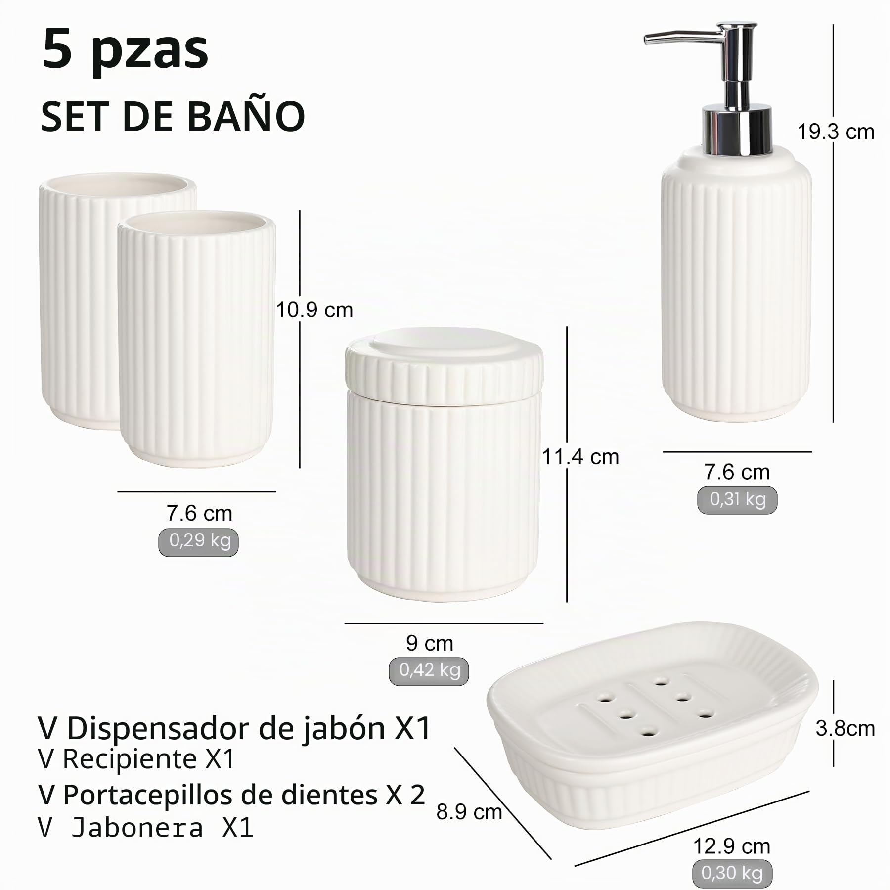 NOVAJOY Juego de baño, organizador de baño de cerámica de 5 piezas con dispensador de jabón, jabonera, soporte para cepillo de dientes, recipiente de bastoncillos de algodón, beige y blanco