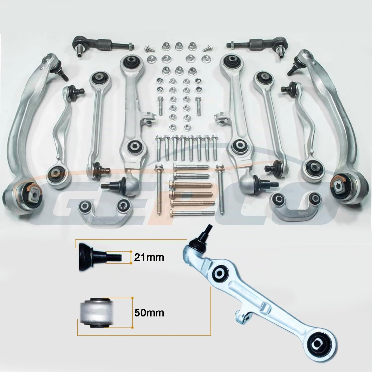 GEPCO Advanced Technology Jeu de bras de suspension de rechange - Convient pour Audi A4 8D B5 A6 4B VW Passat 3B2 3B5 – Dimension du cône : 21 mm