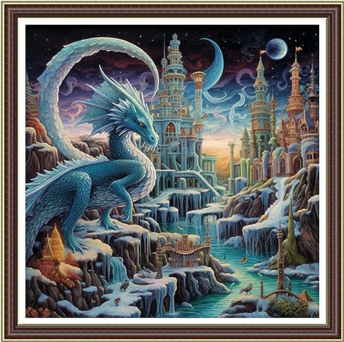 Image of Foxhool Beginners Cross Stitch Kits Stamped Full Range of Embroidery Kits for Adults DIY Cross Stitches kit Embroidery Patterns for Needlepoint kit-Dragon and Castle 17.7x17.7 inch