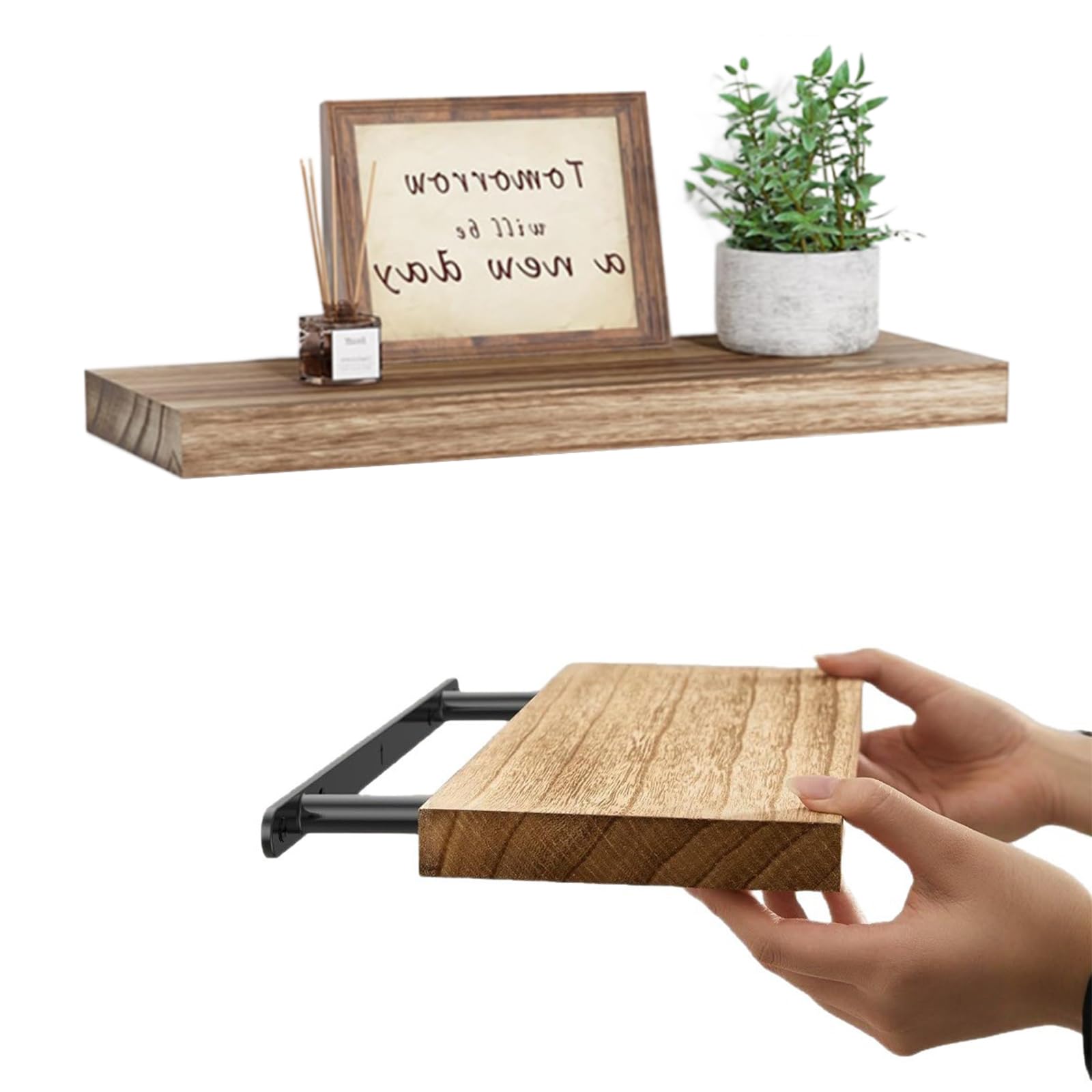 PULaif Floating Shelves for Wall, Solid Oak Wall Shelf 42x15x2cm Hidden Bracket Bedroom Living Room Bathroom Decor Storage(2pcs)