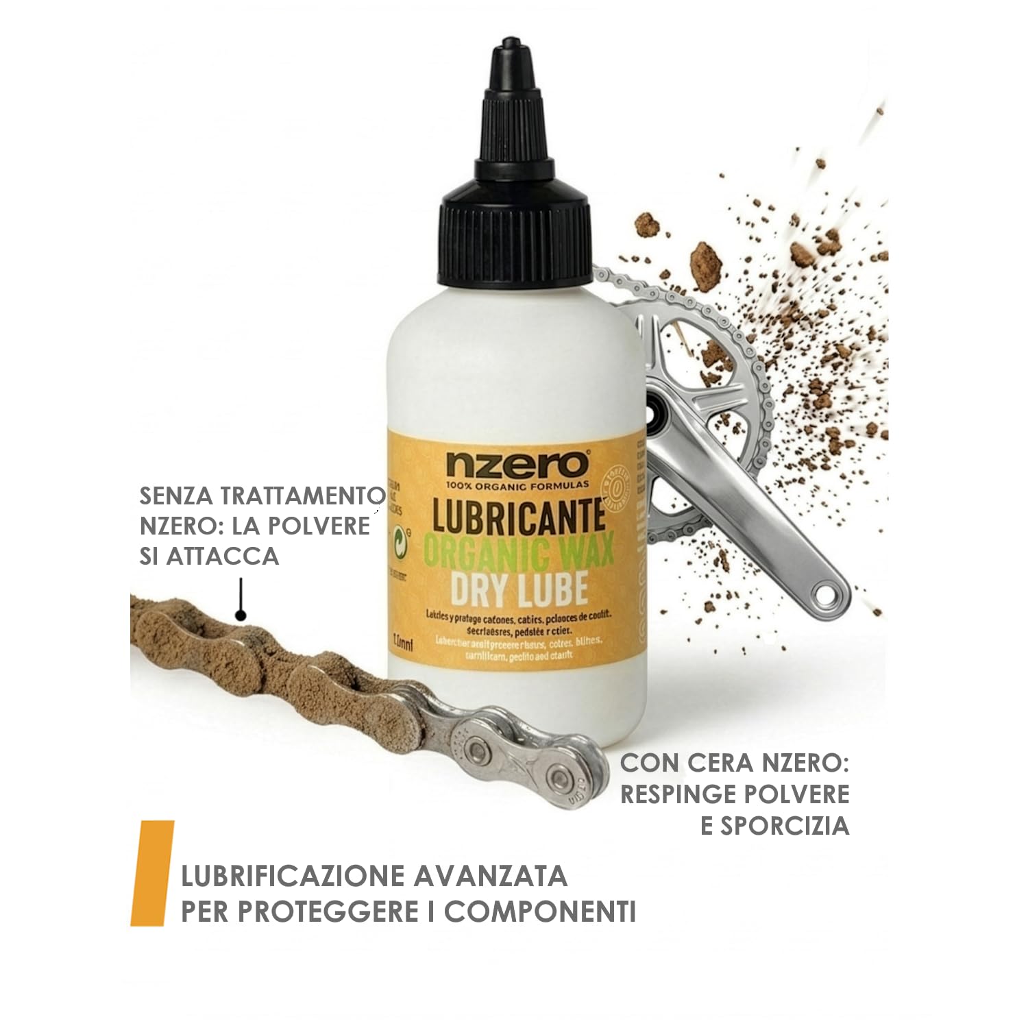 NZERO lubrificante catena secco a cera 100 ml — a base biologica e biodegradabile, non attira polvere, lunga durata