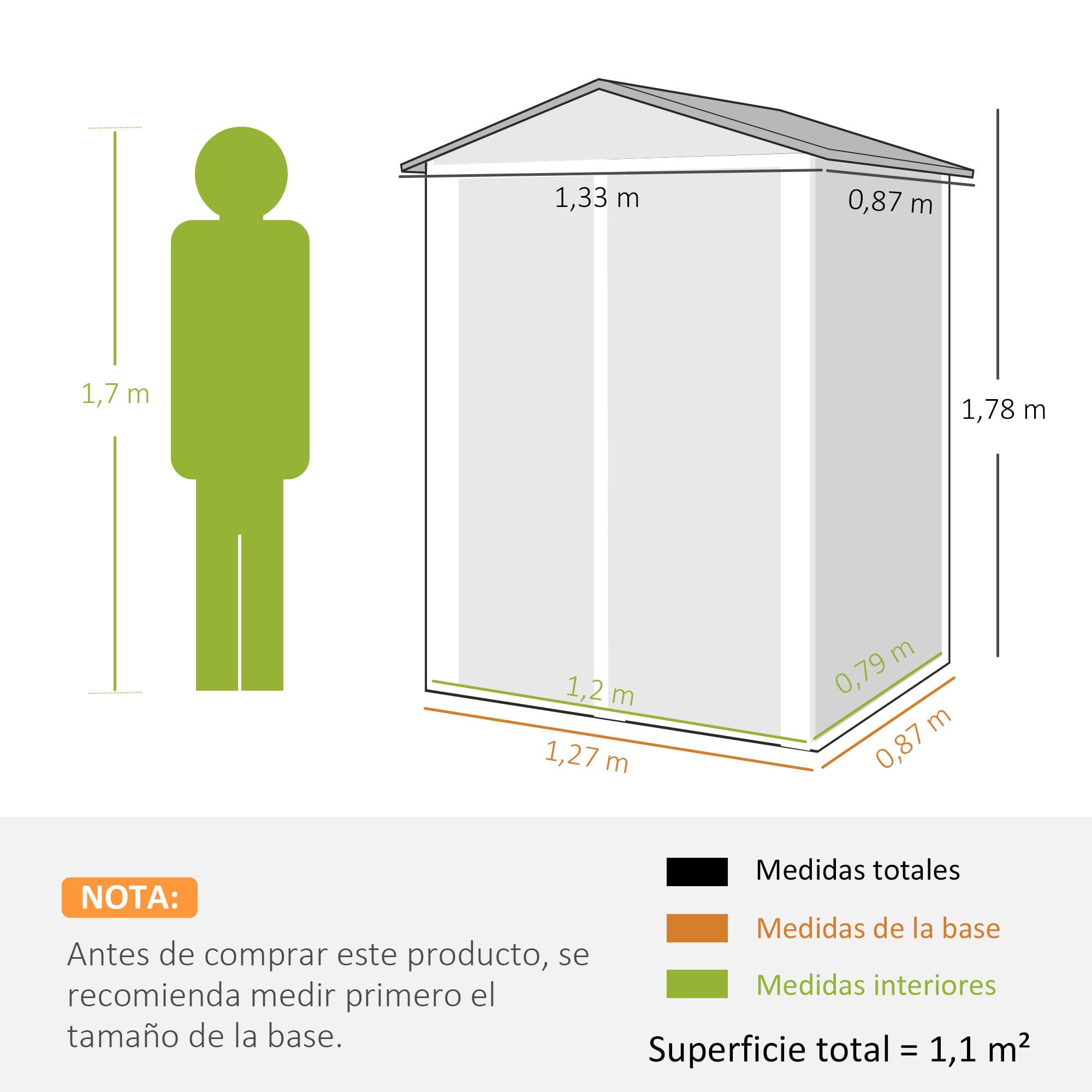 Outsunny Caseta de Jardín Exterior 1,1 m², 133x87x178 cm, Cobertizo Metálico con Puertas Abatibles Dobles, Techo a Dos Aguas y Guantes, Almacenaje de Herramientas y Bicicletas, Gris
