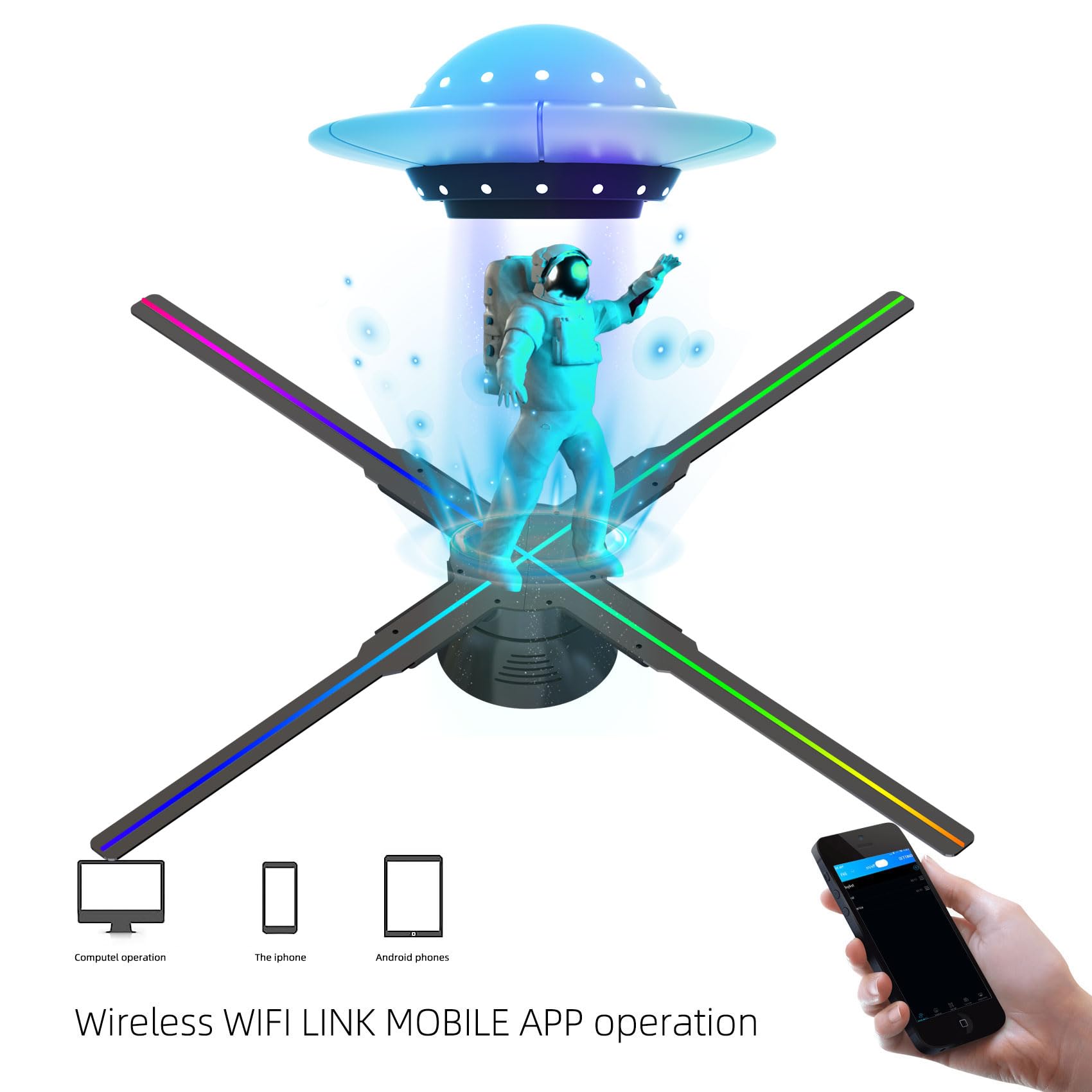 39.4" 3D Hologram LED Projector Fan 1184 HD Lamp Beads WIFI/Bluetooth