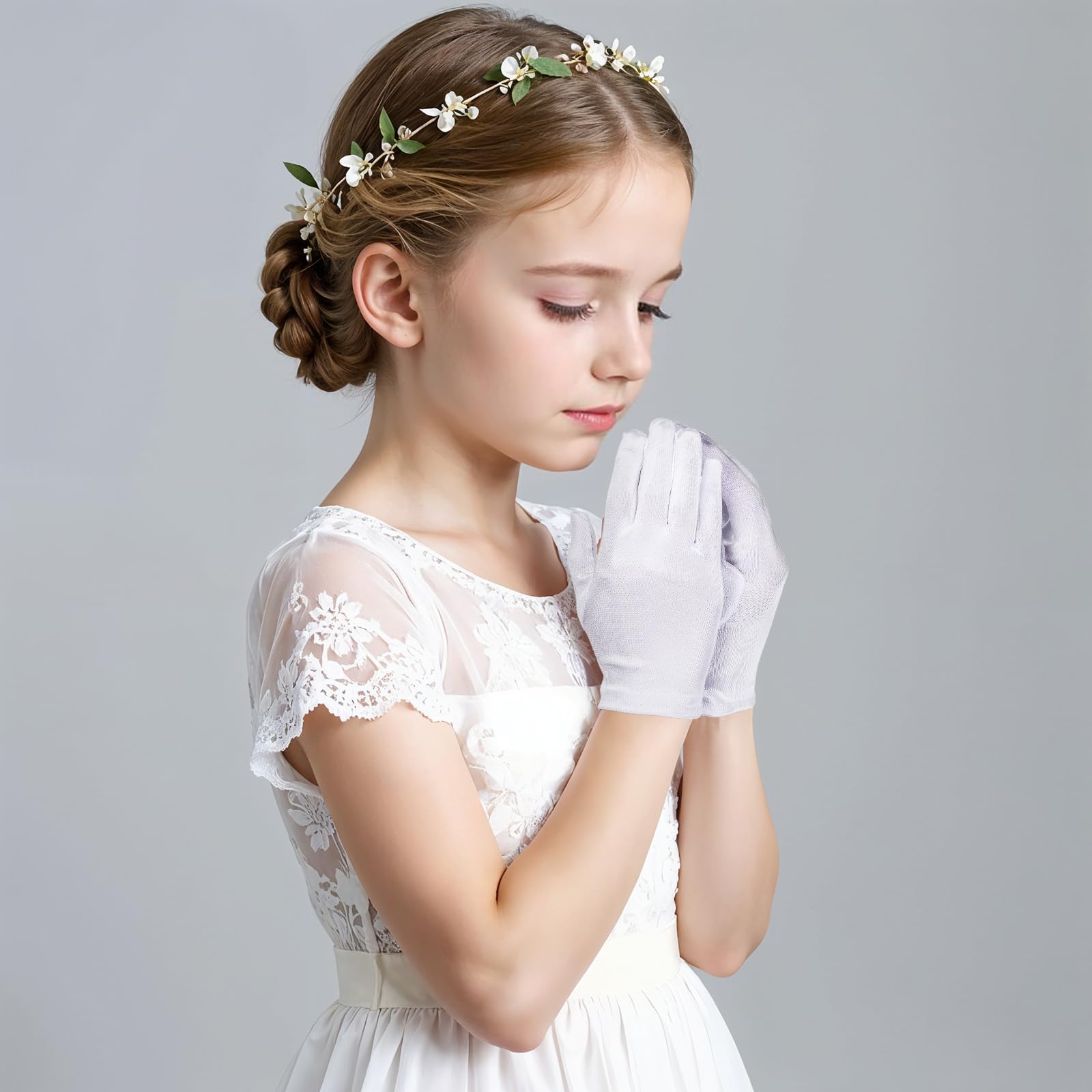 Guantes de satén blanco para niñas, guantes de vestir de princesa para vacaciones, bodas y concursos, longitud de la muñeca, S (4-14 años)