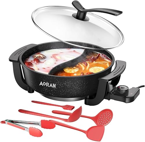 AORAN - Olla eléctrica de 6 litros, olla antiadherente sin humo con divisor para olla caliente, fondue, shabu shabu, multifunción, incluye cucharón,
