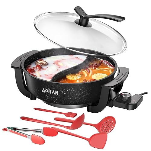 AORAN 6L Electric Hot Pot, Non-Stick Smokeless Cooking Pot with Divider for Hot Pot, Fondue, Shabu Shabu, Multi-Function, Includes Ladle, Tongs, Oil Brush, Food Tongs, Easy to Clean Black - 6L