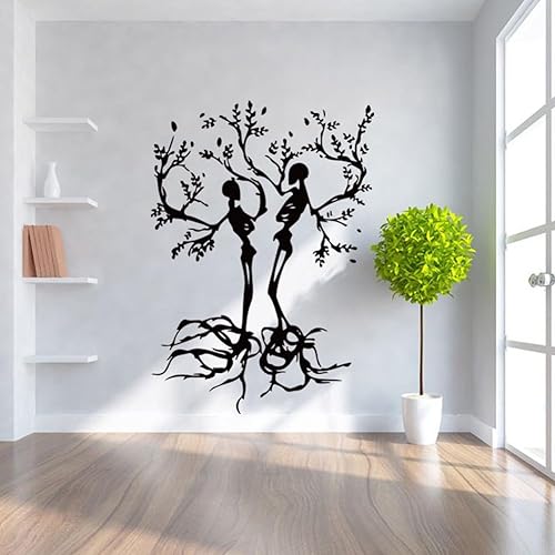 Miniatura 6 de BIBITIME Calcomanía de pared de vinilo para Halloween, diseño de árbol de calavera para pareja, diseño de esqueleto negro para sala de estar,