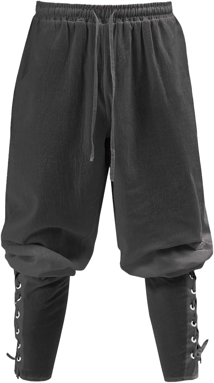 Mens Pirate Pants Medieval Viking Costume, Renaissance Lace-up Ankle Banded Trousers Cotton Linen Cosplay Outfits(Grey,XXL) - Image 3