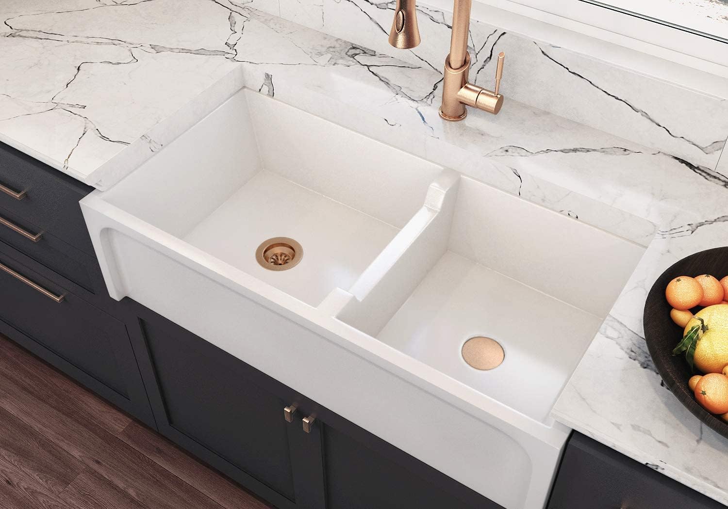 36" Venezia Fireclay Kitchen Sink, Reversible Double Bowl Farmhouse Sink White with Grid