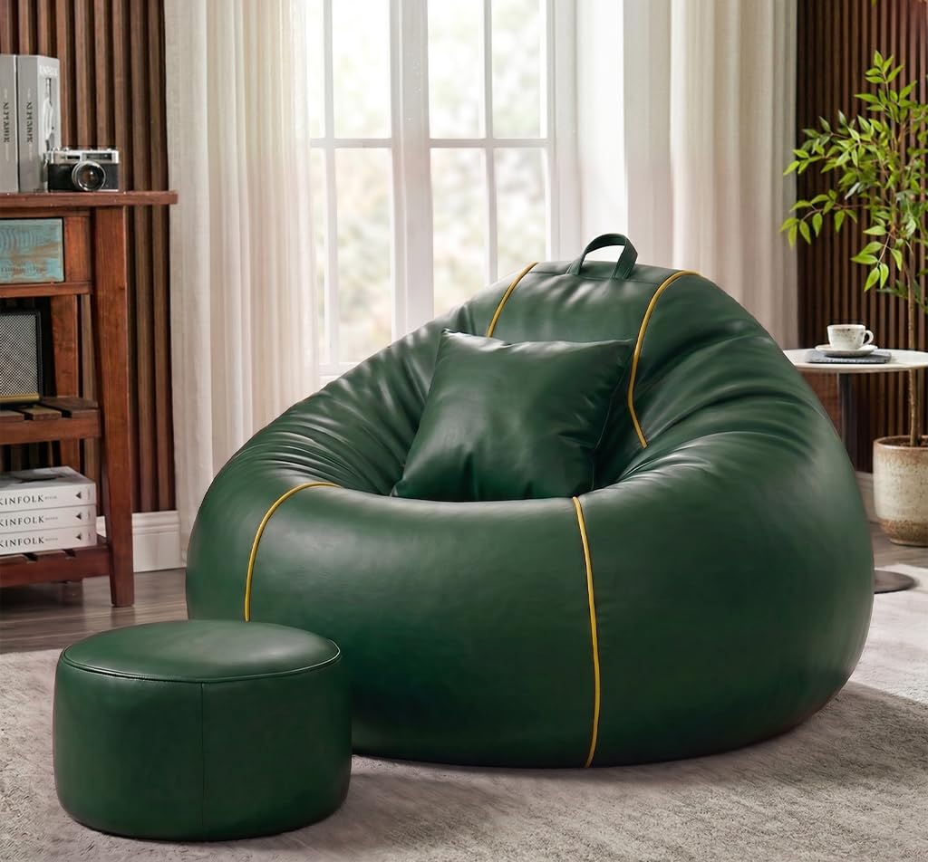 Sattva 6XL Sofa Style Bean Bag Chair with Beans Filled | Faux Leather Bin Bags Sofa Combo + Footstool & Cushion | Filled Beanbags for Adults & Teens | Beans Bag with Beans - Dark Green/Yellow Piping-image-22