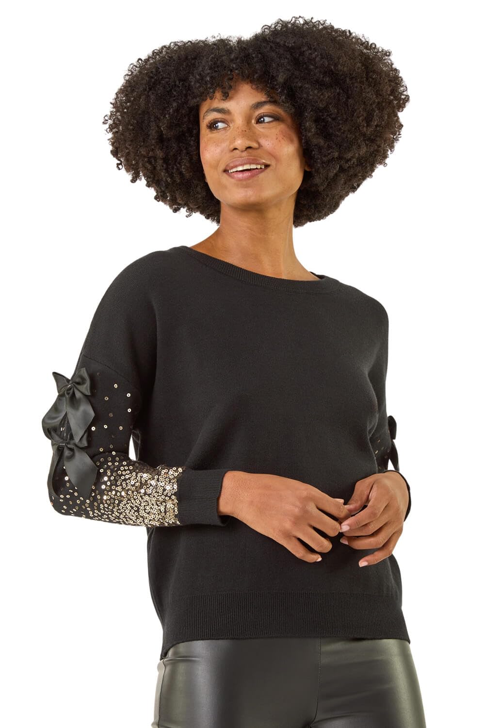 Roman Women's Black Sequin Bow Sleeve Knit Jumper In | Size: Small/Medium