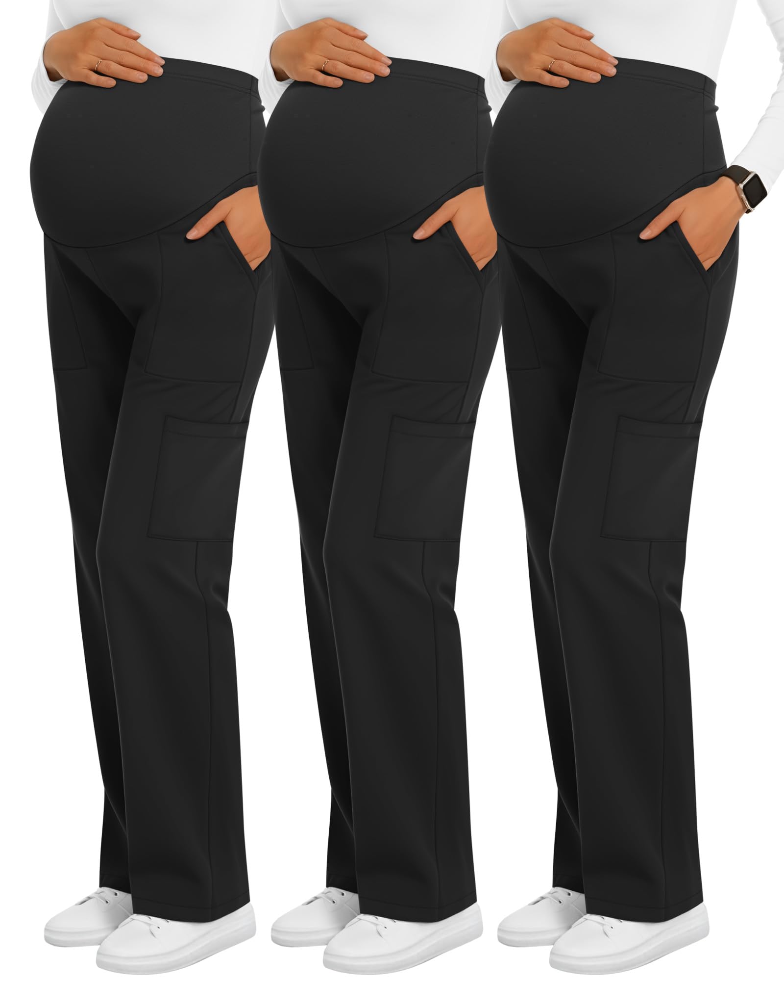 3 Pack Womens Maternity Scrub Pants 6 Pockets Cargo Pants Stretchy Comfy Workwear Straight Leg Pregnancy Pants