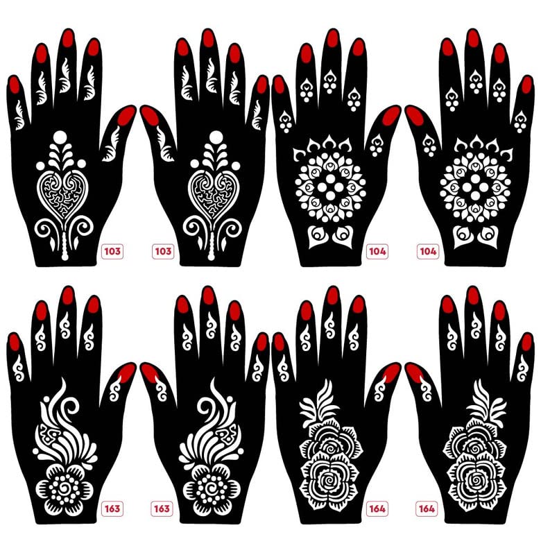 Apcute Set of 8 Piece Mehandi Design Sticker Stencils for Both Hand | Henna Tattoo | Quick and Easy to use, for Girls, Kids, Women - Design-Set8-A-103-104-163-164