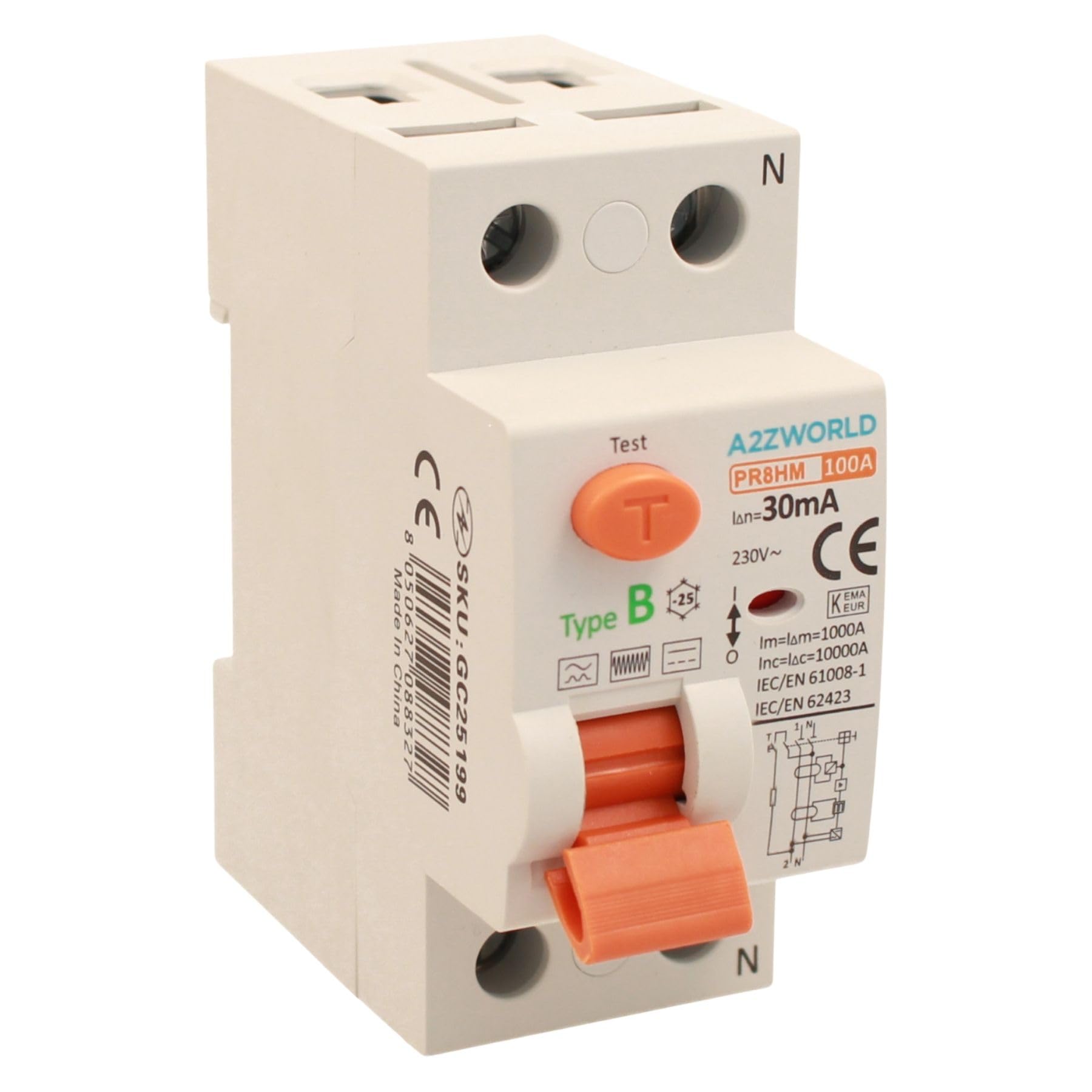 Interruptor diferencial puro tipo B, salvavidas Type B 100A, RCCB 1P + N 10kA 30mA 220V, 2 módulos DIN, serie PR8HM electromagnética, certificado IEC61008-1