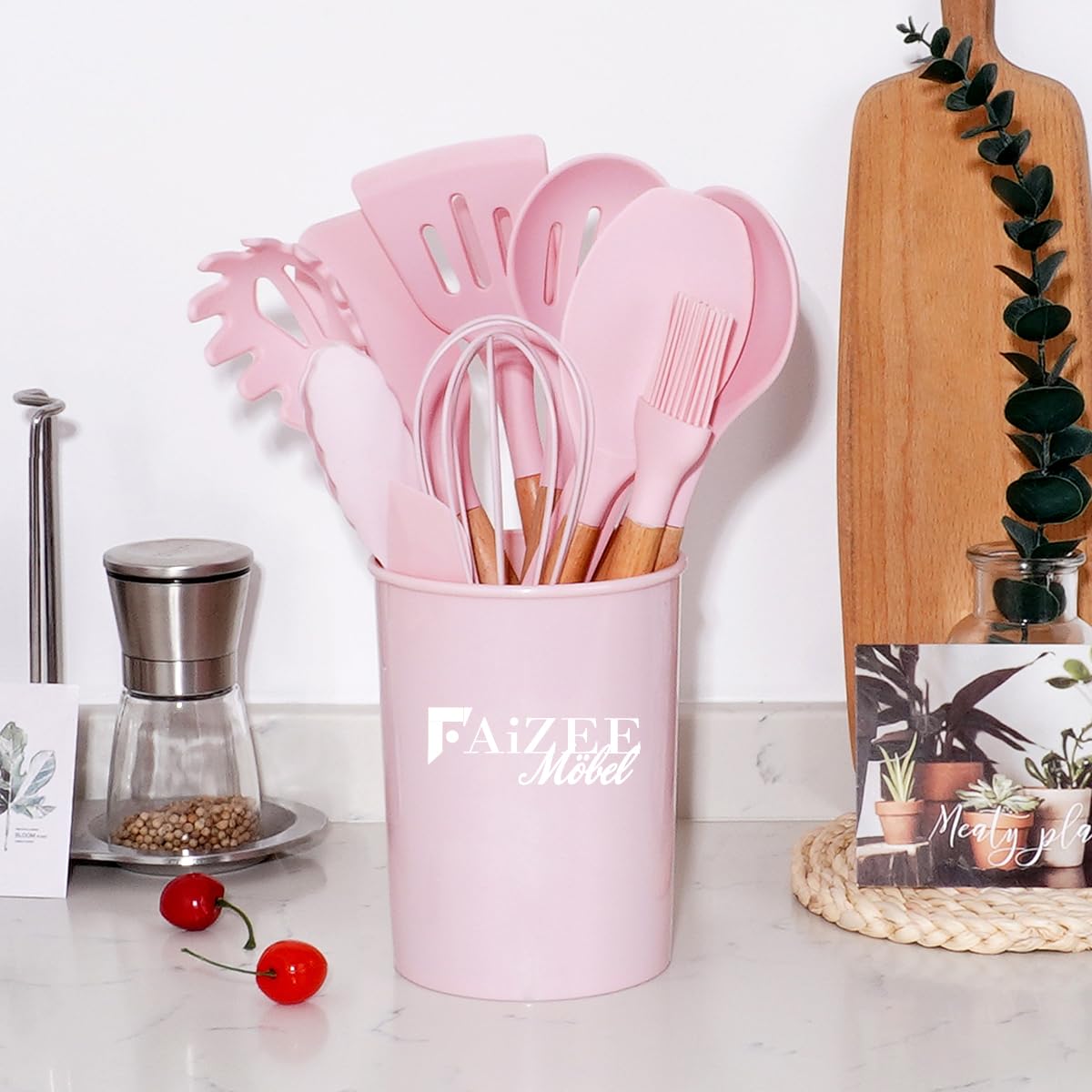 38 tlg. Küchenhelfer Set in verschiedenen Farben Silikon Kochbesteck mit Holzgriff (Rosa)