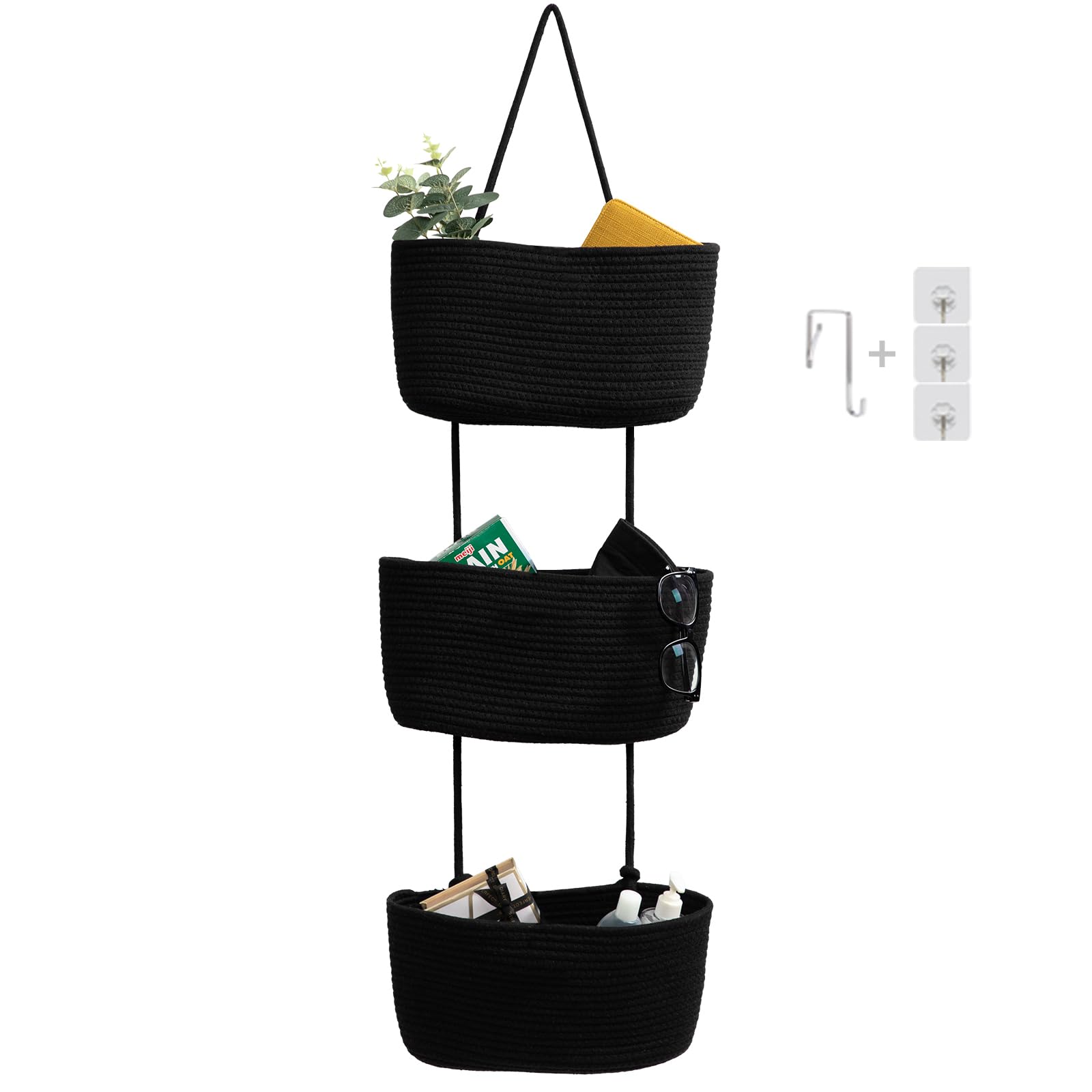 Teokj Black Hanging Basket For The Door, 3-Tier Wall Organiser, Hanging Organiser, Storage Baskets, Made Of Cotton Rope, Woven With Hooks For Wall, Hanging Shelf Bathroom, Decorative Hanging Kitchen Baskets