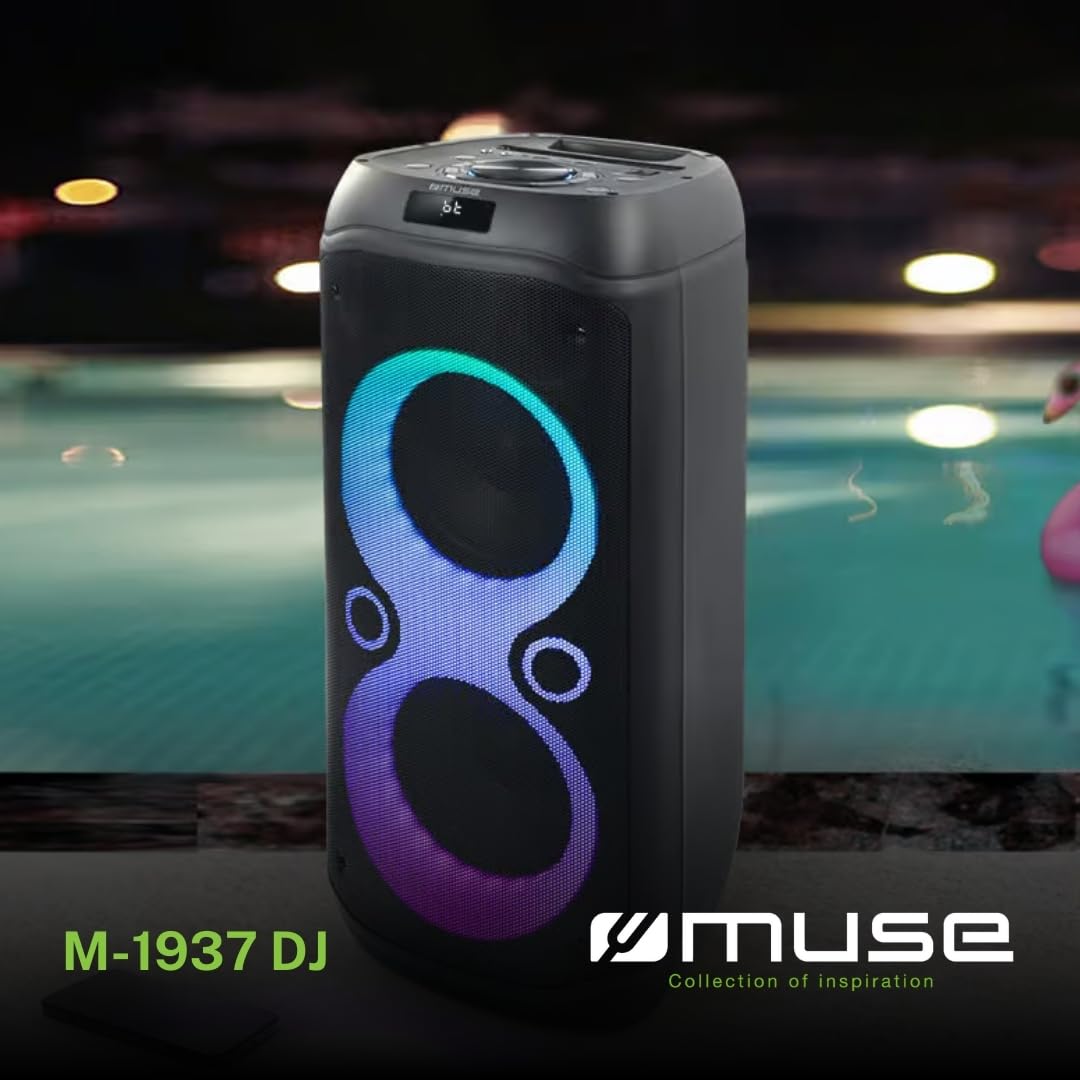 MUSE M1937DJ Głośnik Bluetooth z portem USB do odtwarzania i ładowania, czytnik kart Micro SD 2 wejścia mikrofonowe wejście pomocnicze, kolorowe światła, regulacja basów i tonów, para stereo.
