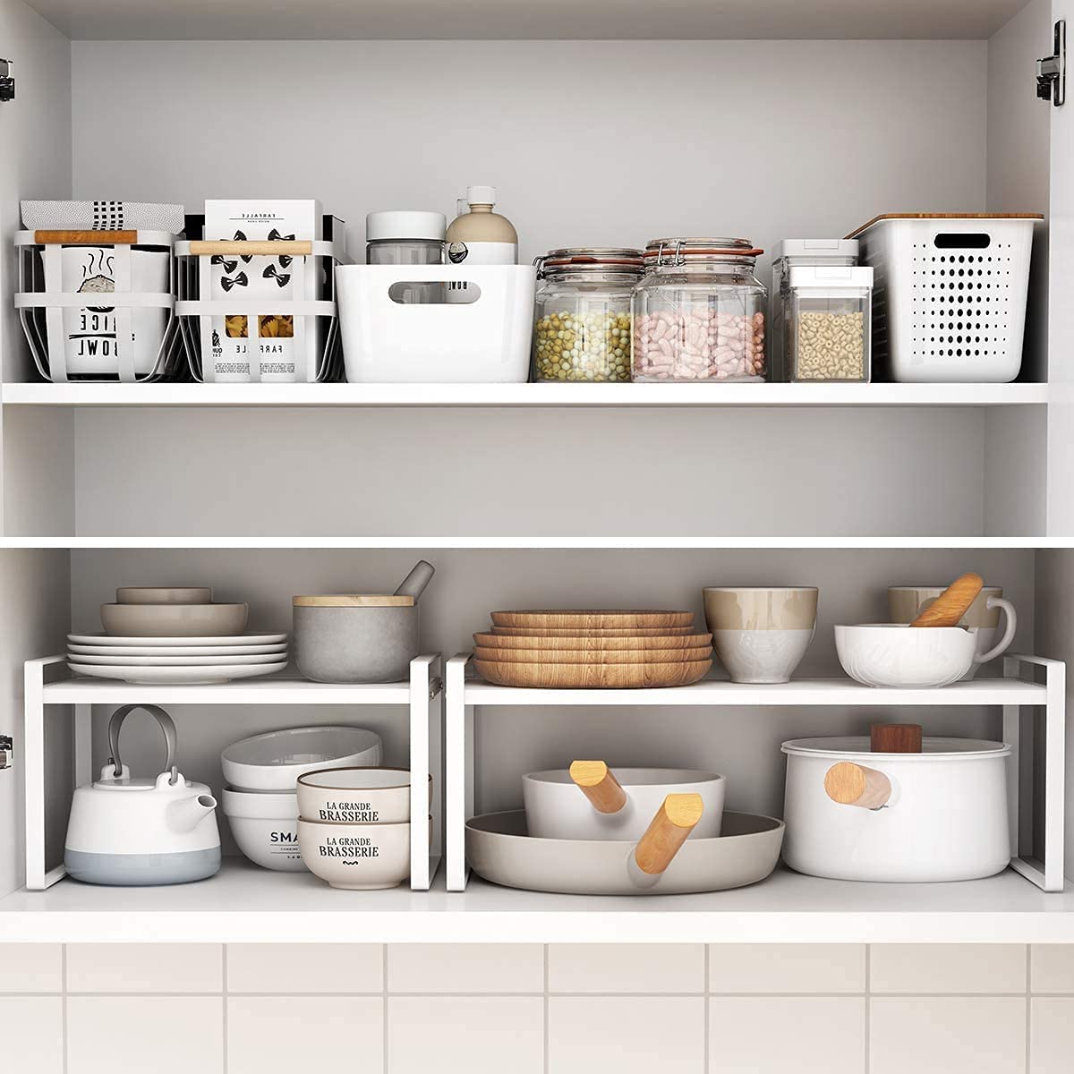 Soporte para platos extensible, estantes de cocina para vajilla, estantes para ahorrar espacio, organizador para aparador, alimentos y utensilios, de metal-blanco 20,5 x 20 x 36 ~ 60 cm