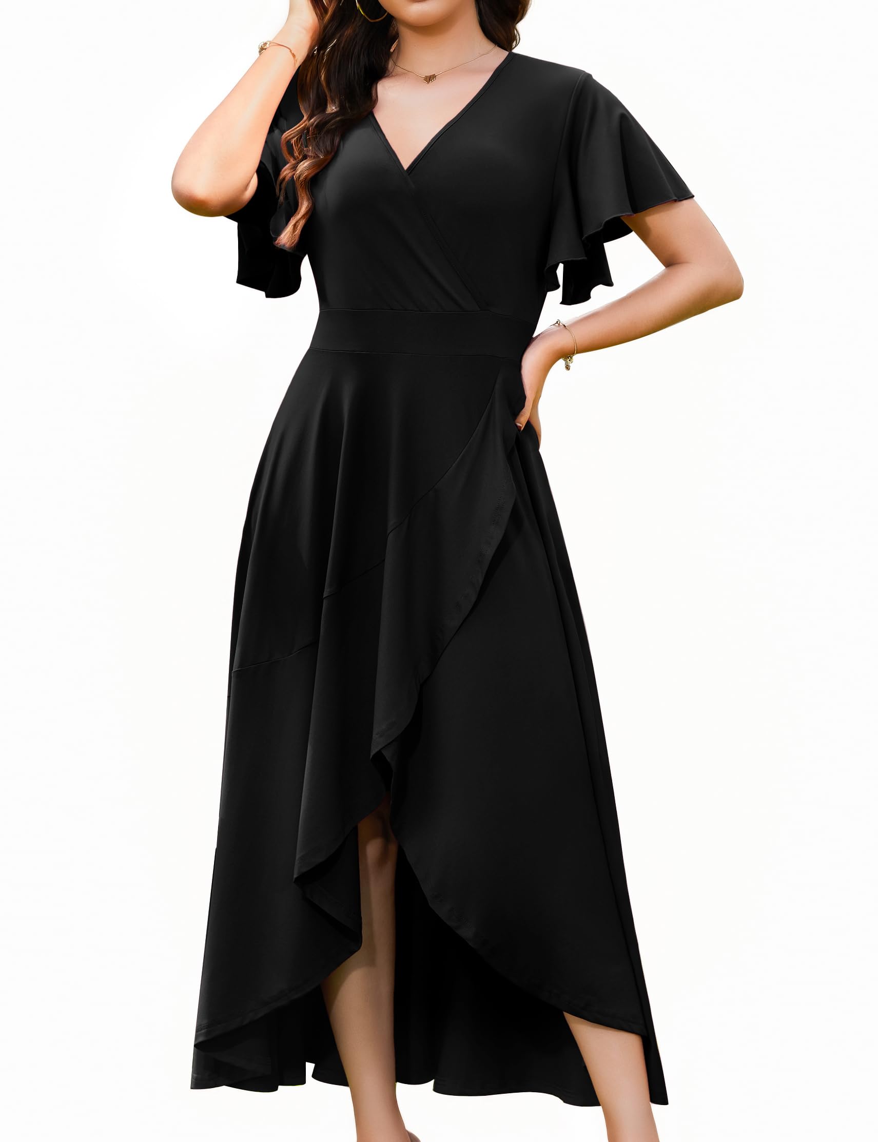 Actcat Cocktailkleid Damen mit V-Ausschnitt und Rüschen-Ärmel Kleid | Abendkleider Elegant für Hochzeit, Party Kleider, mit Rüschensaum für Figur,Festlich
