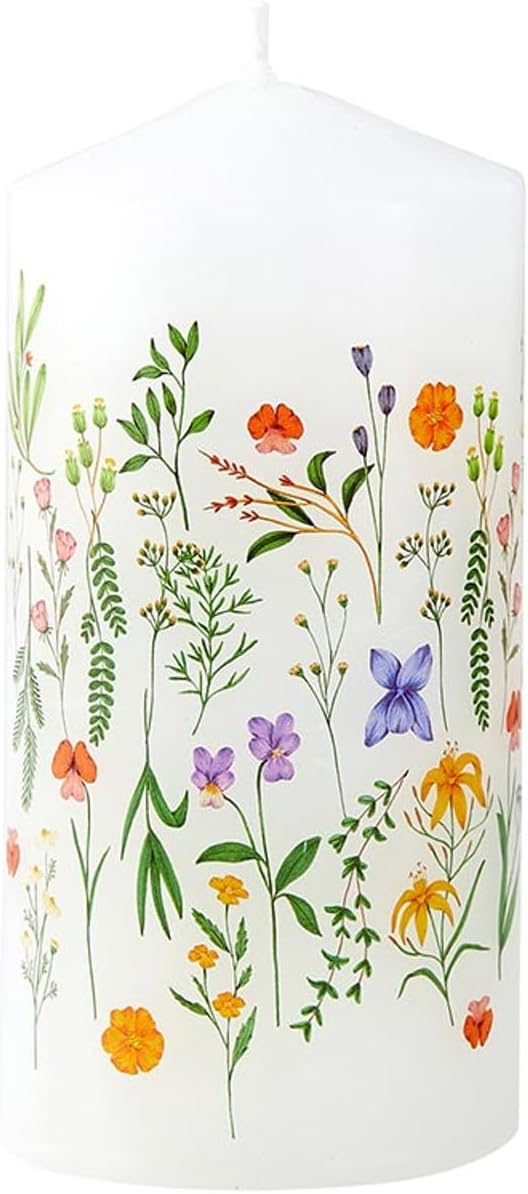 Slant Collections Wedding Table Decor Unscented Pillar Candle, 4.75-Inch, Boho Flowers