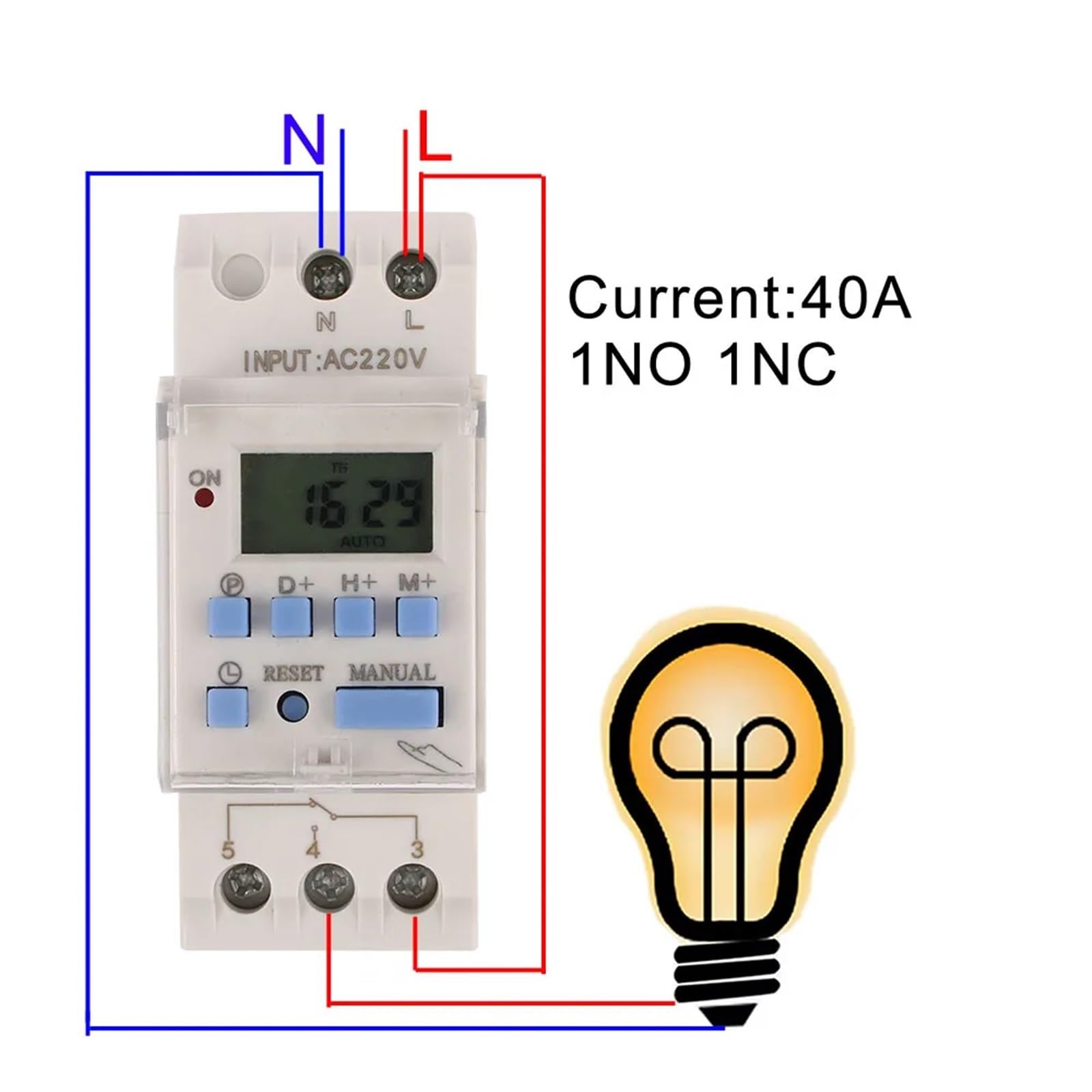 Temporizador 220V 110V 24V 12V AHC10A TE-4163 Temporizador de potencia digital LCD Relé de interruptor de tiempo programable 40A AHC40A Temporizador de control semanal(1NO 1NC,220V)