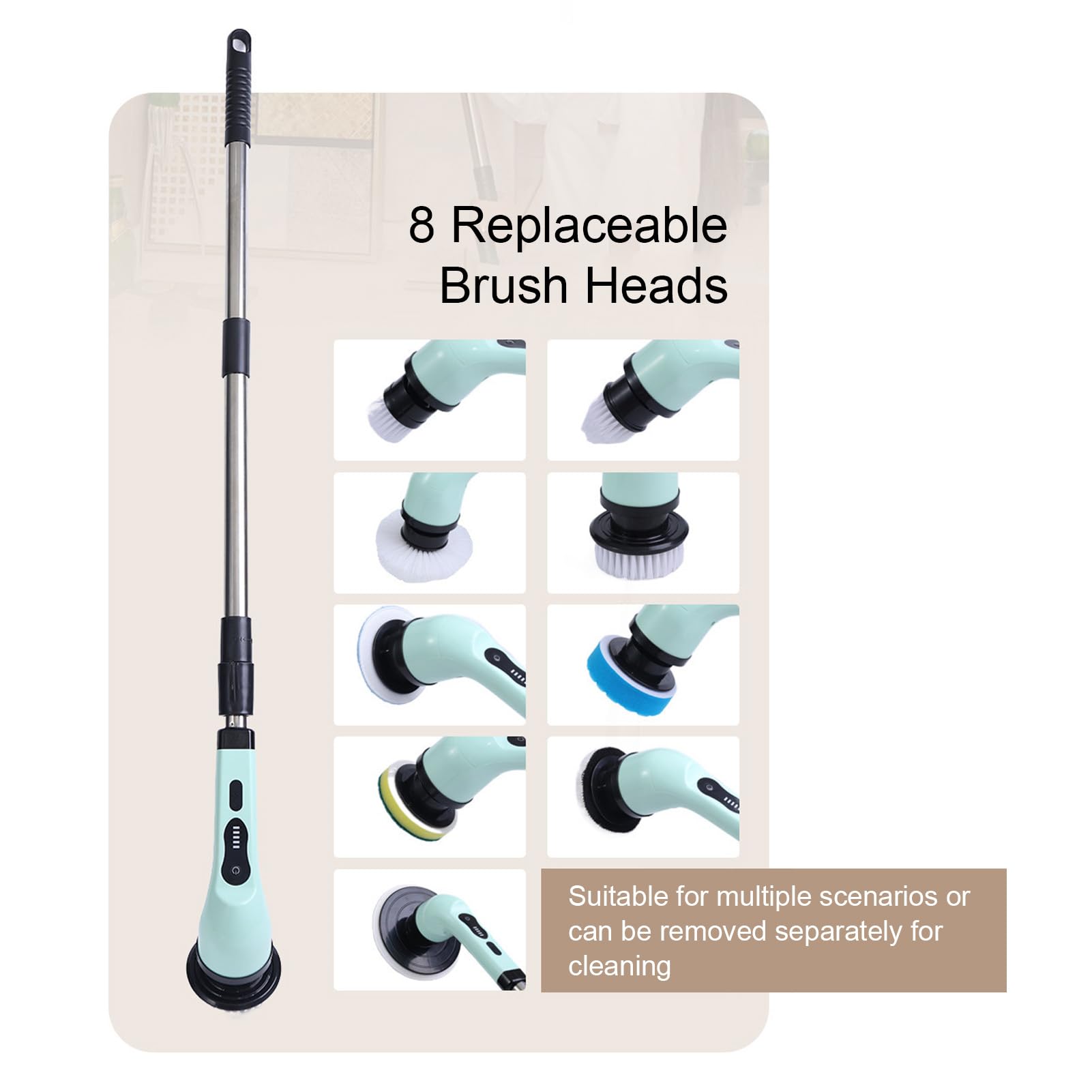 Spazzola Elettrica 9 Testine Spazzola Rotante Senza Fili Maniglia Estensibile a Doppia velocità Batteria Ricaricabile Display a LED Bagno Piastrelle Auto (Verde)