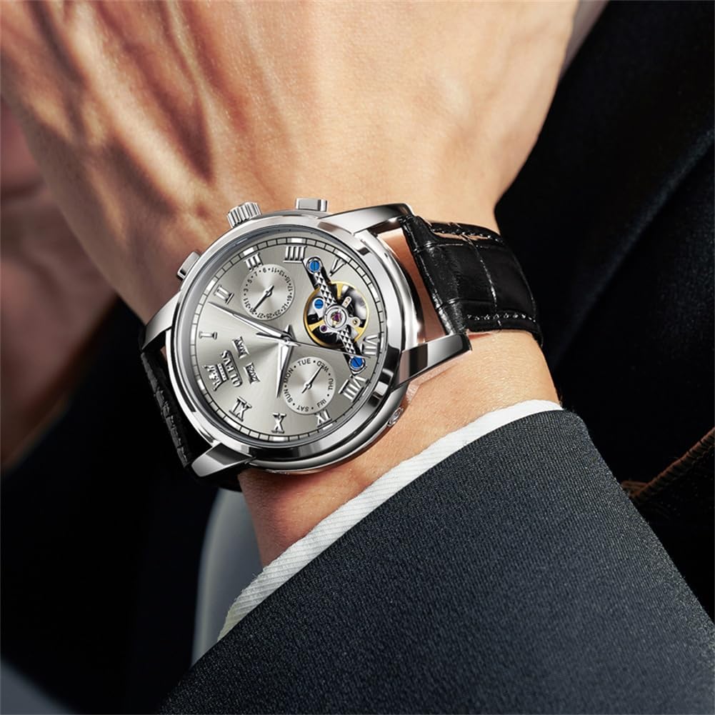 OLEVS Men's Watch Automatic Luxury Dress Tourbillon Chronograph Big Face Calendar Self Winding Wrist Watches for Men Business Moon Phase Mechanical Male Watches Luminous Waterproof