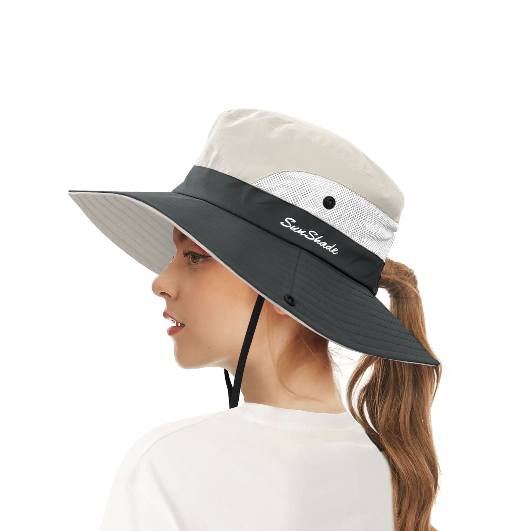 ECOMBOS Sombreros de sol para mujer con ala ancha y protección UV de malla plegable ponytail Bucket Fishing Hat Beach Cap para pesca, senderismo, jardinería al aire libre