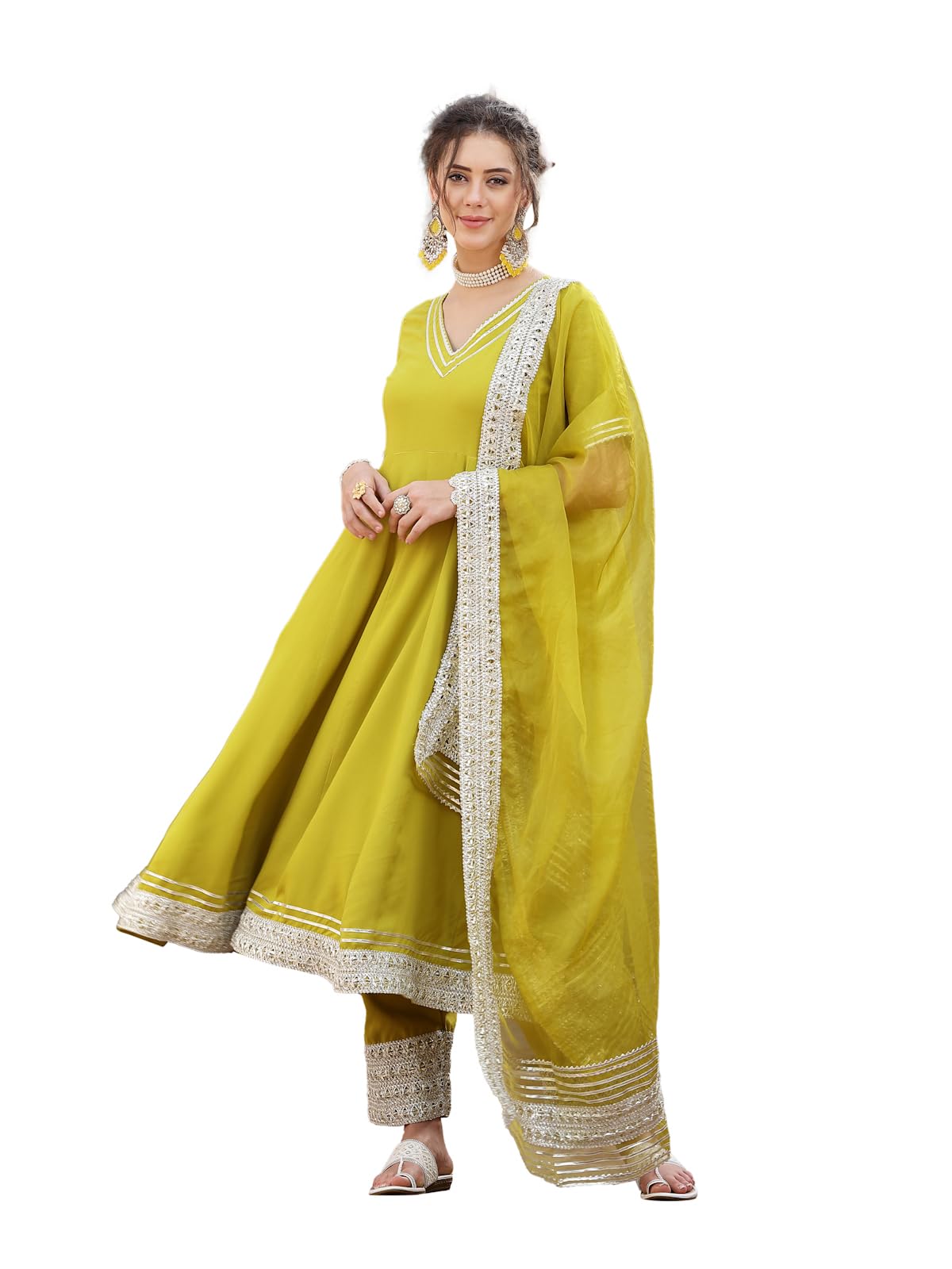 Stylum Women's Solid Rayon Anarkali Kurta Pant & Dupatta Set (Kpdcornkivi36_Corn, S)