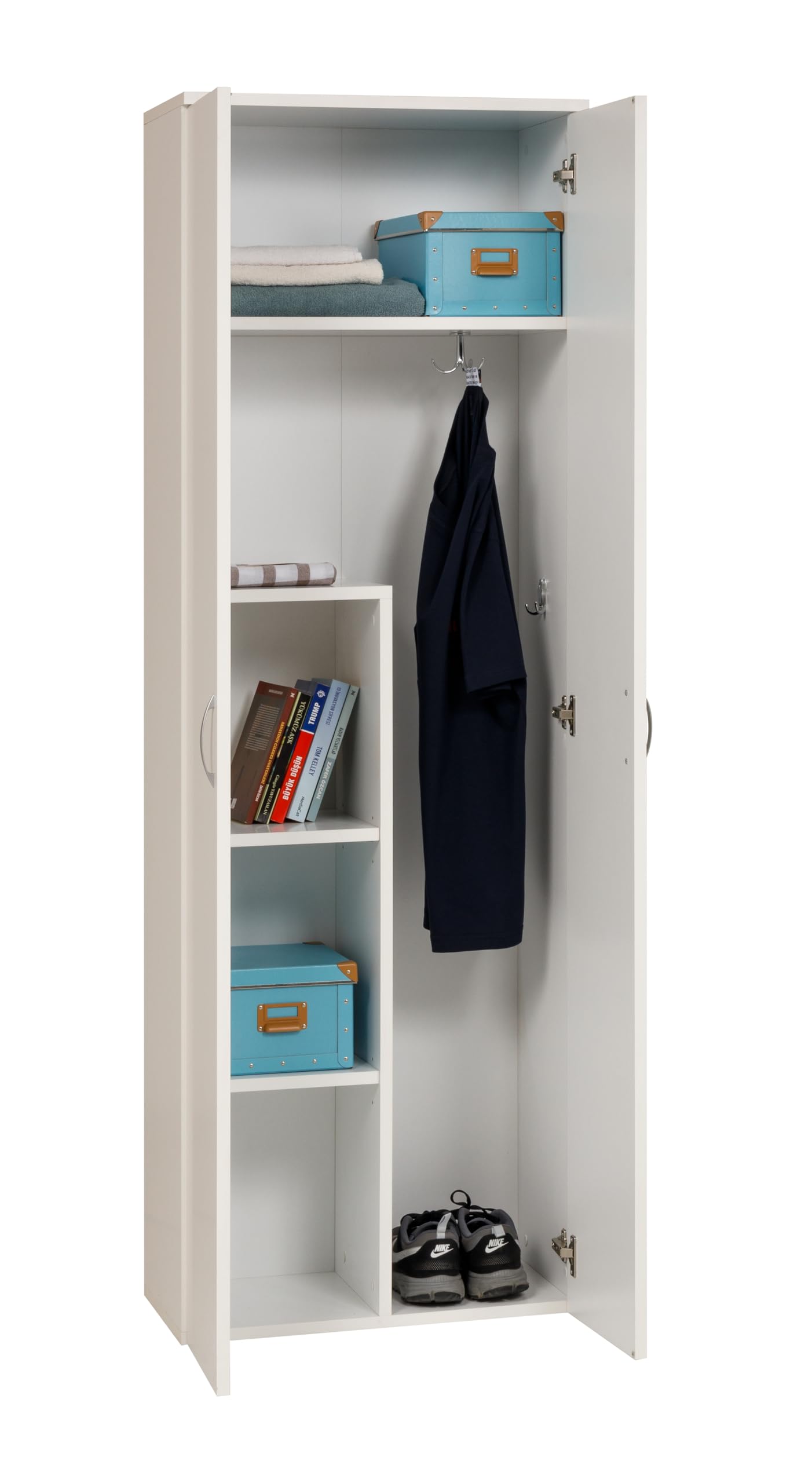 furni24 Holz Putzmittelschrank - Wäscheschrank mit Türen, Kleiderschrank, Garderobenschrank, Mehrzweckschrank, Schrank & Putzschrank, 2 Tür Mit Haken und 3 Regale, weiß, 60x34x180cm