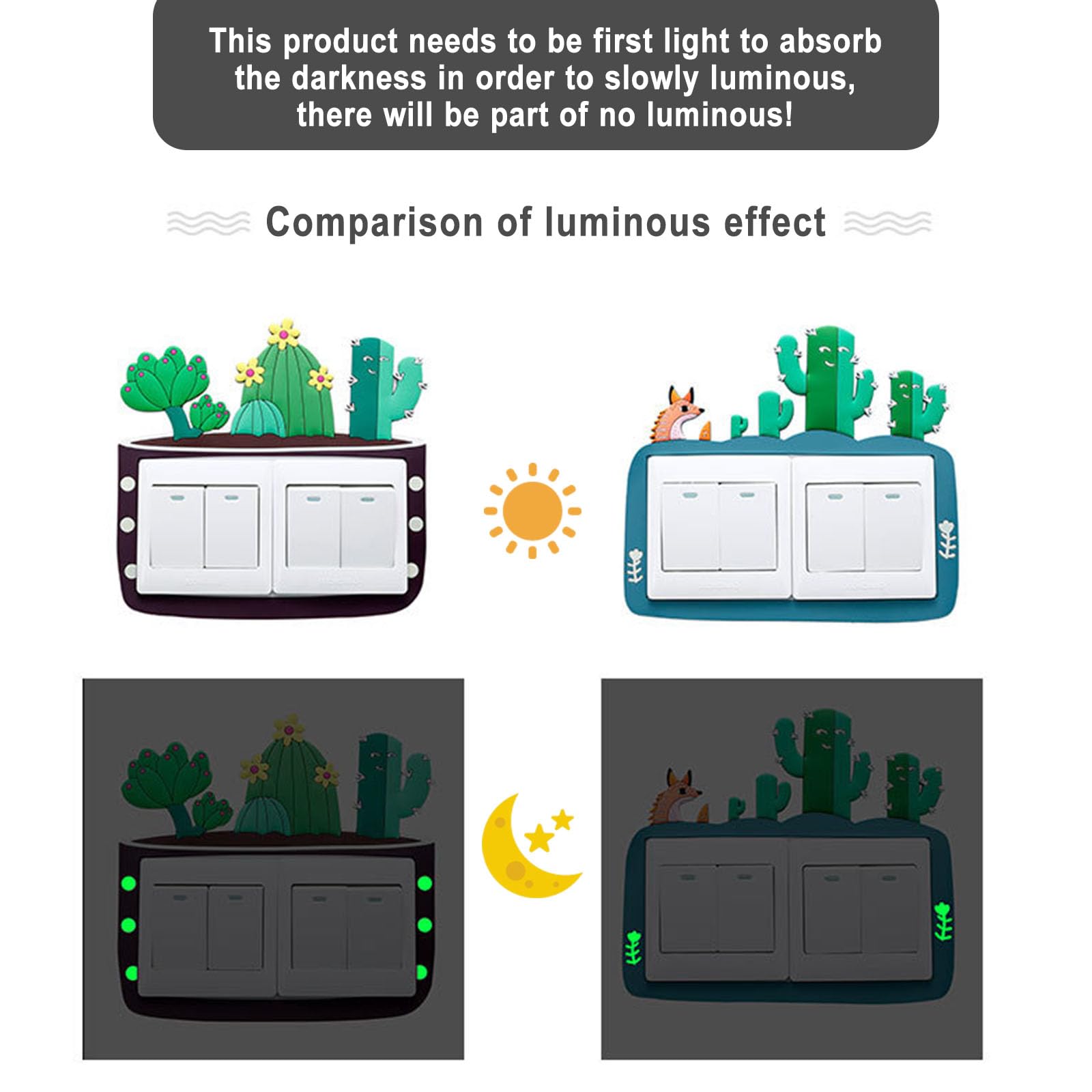 Autocollants 3D Fluorescents Pour Interrupteurs - 7 Motifs Cactus (Décoration Murale Enfant)