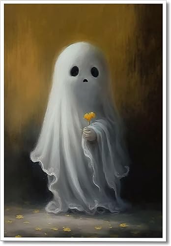 Nanxiwofee Lienzo decorativo vintage de fantasma, divertido fantasma con flor amarilla, decoración de pared gótica oscura de academia, arte