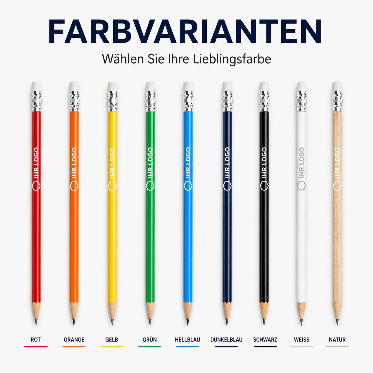 WPRO Werbebleistift mit Logo 100 Stück personalisiert, HB Bleistift mit Radierer, Druckfläche 65x6 mm, einfarbiger oder mehrfarbiger Aufdruck für Messe Büro Hotel Gastronomie