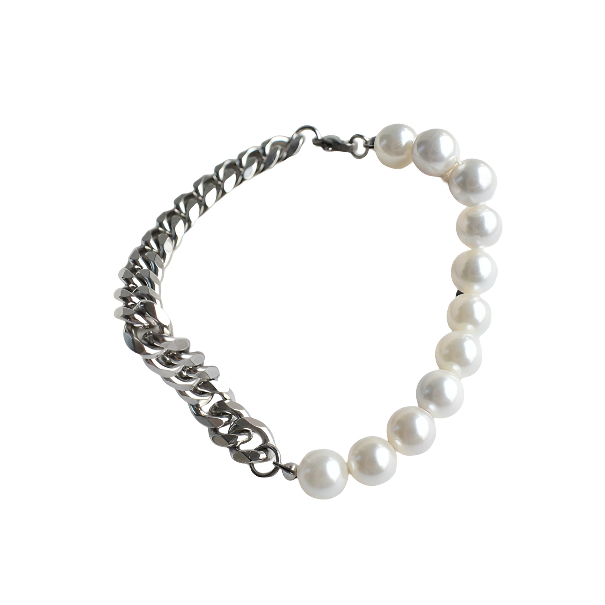 Halskette aus 925er-Sterlingsilber, natürliche Halbperle, Halbkette für Damen und Herren, Vintage-Halbperlen-Halsketten-Armband-Sets – Punk-Perlen-Schmucksets, Halbperlen-Halbkette-Halskette mit