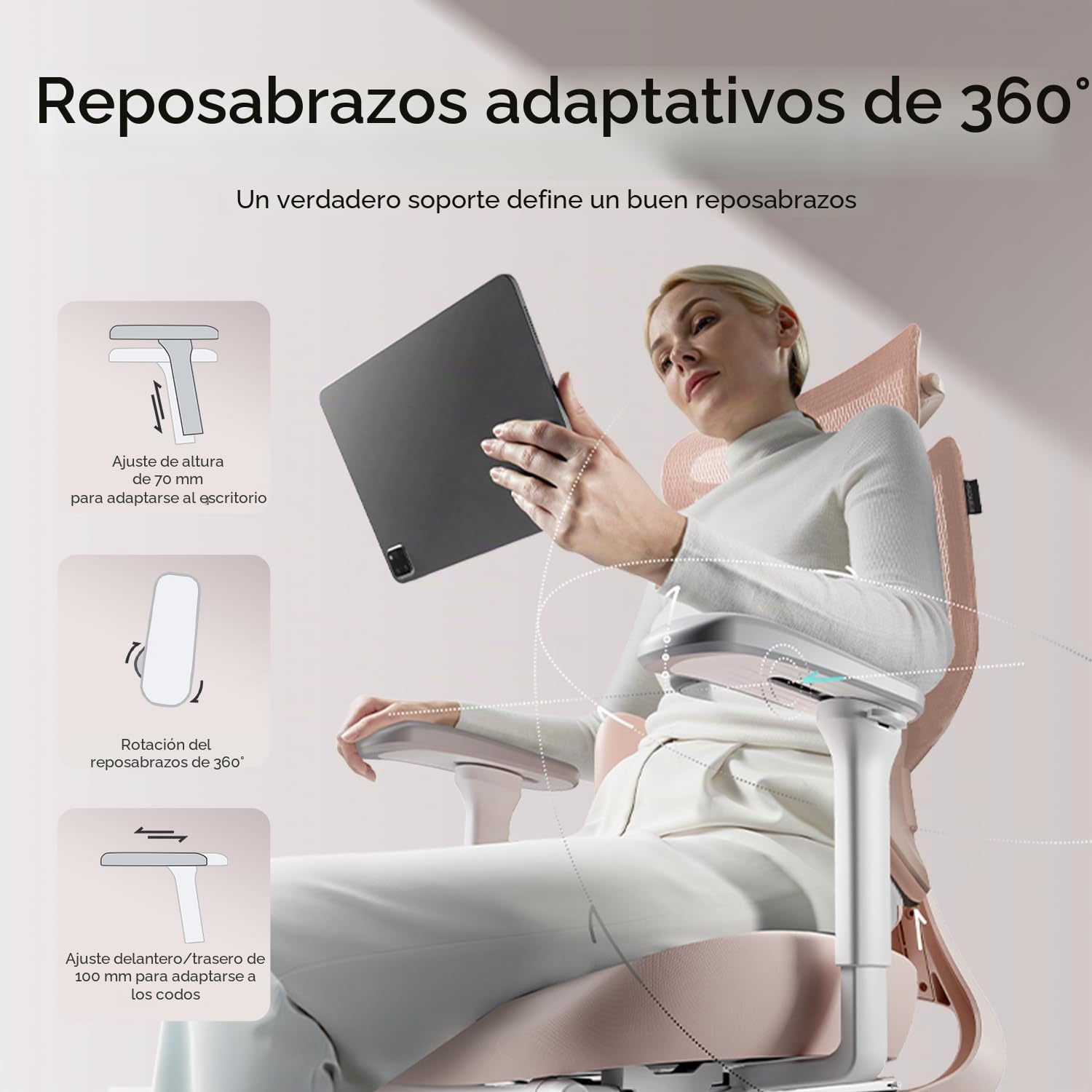 Hbada E3 Air Silla de Oficina Ergonomica - Soporte Lumbar Dinámico de 3 Zonas, Reposacabezas 3D y Brazos 4D, Silla Ergonomica Escritorio Sin Pedales (Rosa)