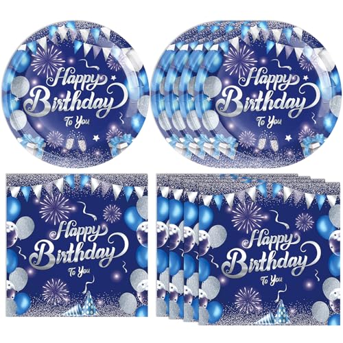 Décorations d'anniversaire bleues avec assiettes et serviettes en carton