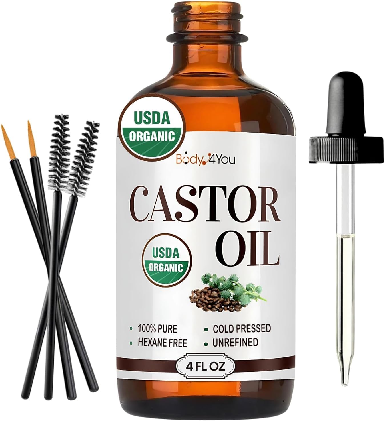 BodyJ4You Organic Castor Oil - 100% Pure Natural Cold Pressed USDA Certified Organic - Hexane Free Unrefined Non GMO - Lashes & Eyebrow Kit Mascara Tube Brush Wand Hydrating Oil - Glass Bottle 4oz
