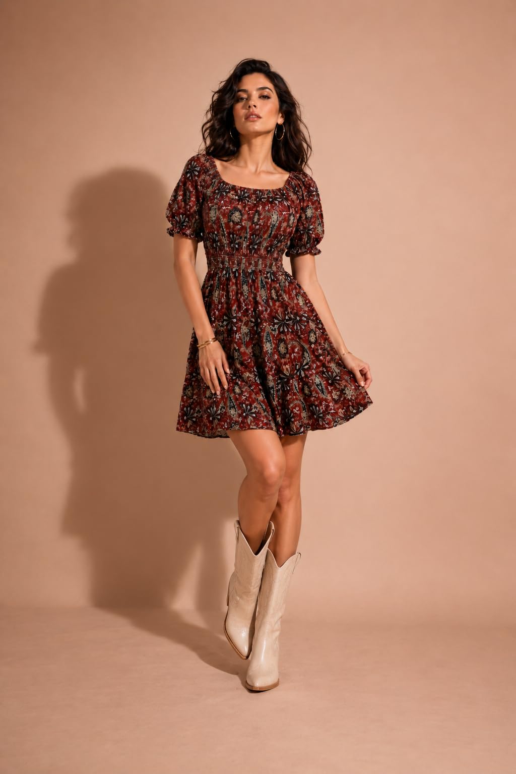 Maroon Printed Mini Dress, Floral Pattern, Puff Sleeves, Square Neck, Smocked Waist-picture-45
